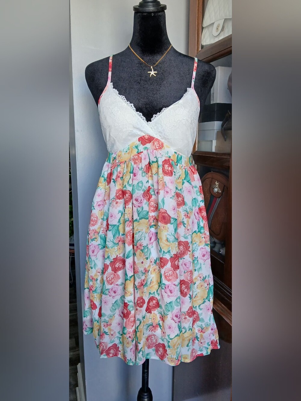 Active USA Blush Floral Sundress with White Lace Bodice